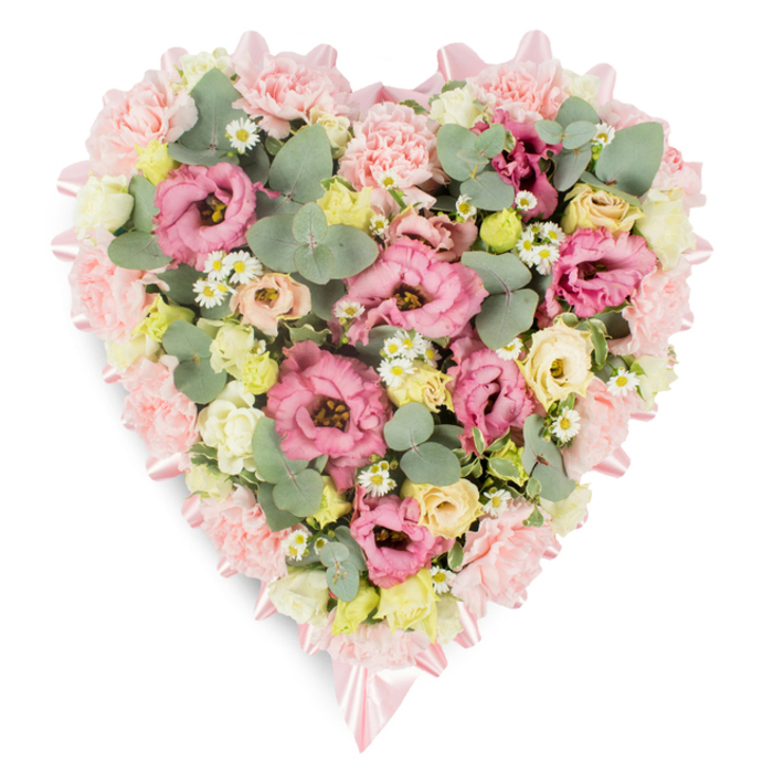 A beautifully detailed heart-shaped floral arrangement is presented on a stark white background, allowing its soft colours and careful craftsmanship to take centre stage. The perimeter of the heart is accentuated by a narrow ribbon of blush-pink satin, which follows every curve and dip of the outline and ties into graceful bows at the upper cleft and the point at the bottom, lending a sense of refinement and gentle ceremony. Within this ribbon frame, the florist has packed the heart generously with pastel blooms, creating a plush, seamless surface of petals. Large pink lisianthus, also known as eustoma, open in layered ruffles, their shades shifting from deeper rose tones to light, almost shell-pink edges. Interspersed with them are frilled carnations in soft blush, whose feathery petals add both volume and a comforting texture, much like the supportive embrace of family at a farewell gathering in West Ham. Nestled among these are clusters of creamy yellow and ivory spray roses, their small, rounded heads offering a warm, candle-like glow. Scattered here and there are tiny, daisy-like white flowers with bright yellow centres, echoing the simple charm of wildflowers one might see on a peaceful walk around West Ham Park, and adding a touch of innocence and light. Silver-toned eucalyptus leaves, round and smooth, wind their way between the blooms, accompanied by deeper green variegated foliage that brings structure and contrast. The overall impression is one of soft, enveloping calm, with the heart shape clearly defined yet gently blurred by petals. This floral heart feels like a meaningful sympathy tribute, ideal for a funeral service, crematorium chapel, or memorial in the West Ham community, honouring a loved one with grace, tenderness, and a lasting floral embrace.