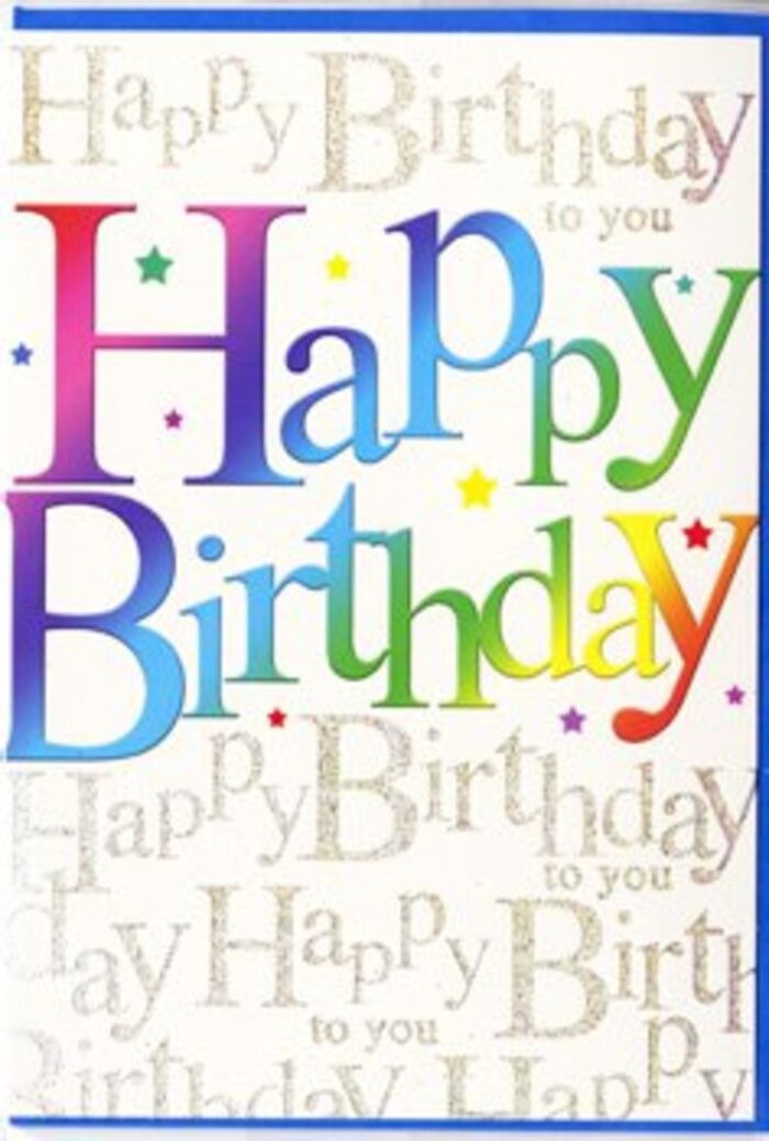 This birthday card is a joyful composition of colour and script, reminiscent of the vibrant mix of cultures and celebrations you see around West Ham on a busy weekend. The central feature is the phrase "Happy Birthday," boldly set in large, rounded letters that stretch from side to side, claiming the spotlight without feeling heavy. Each letter is coloured with a smooth, luminous gradient that moves effortlessly from one shade to another-crimson flowing into pink, then blending into cobalt blue, turquoise, bright green, and finally golden yellow and soft orange. The colours feel as if they've been gently brushed on, similar to the way petals in a mixed birthday bouquet overlap and share their tones. There's a slight illusion of depth, giving the sense that the letters could be traced with a fingertip, standing just a touch higher than the rest of the card. Behind this bold greeting, the background becomes a soft chorus of golden words, as "Happy Birthday to you" is written repeatedly in elegant, looping cursive. These lines slant diagonally, creating a subtle pattern that shimmers in the light like sunlight crossing the surface of a polished table in a West Ham café. Tiny flecks of glitter and pinpoint stars are scattered here and there, catching glints of light and adding a celebratory sparkle that feels like confetti mid-flight. The card stock appears smooth and of good weight, with a satin finish that would feel both luxurious and familiar in hand. From a florist's perspective, the design mirrors a well-crafted birthday arrangement: strong focal elements, harmonious colours, and delicate details that work together to communicate warmth, joy, and heartfelt intention.