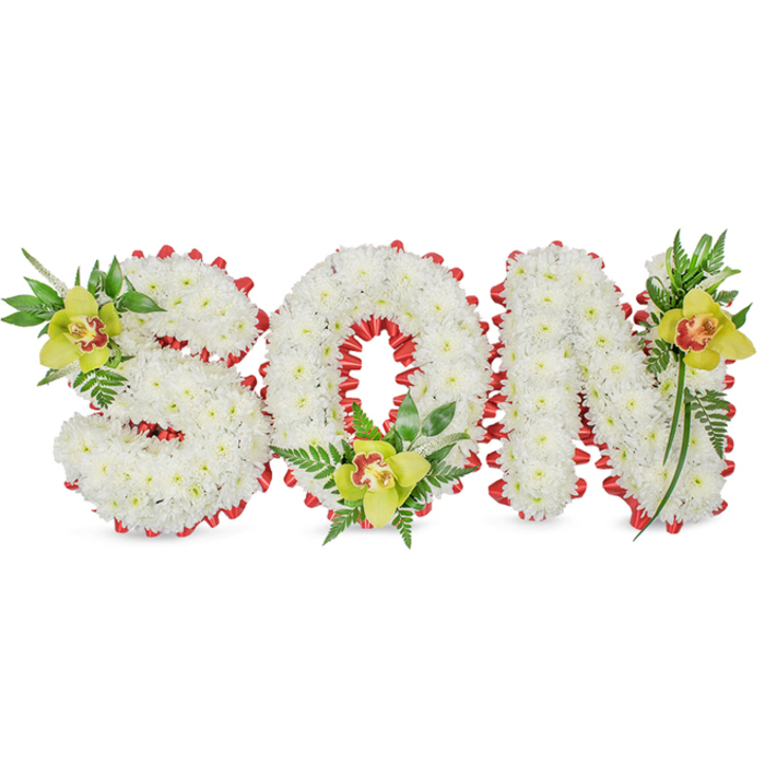 This composed floral tribute reads clearly and quietly: the name 'SON' rendered in full, three-dimensional block letters constructed from countless small white chrysanthemum blooms, giving each letter a plush, sculpted presence. The arrangement rests against a clean white field, allowing the pure white petals to glow softly in even lighting while the sculpted forms cast gentle interior shadows. A continuous red ribbon traces the edges of each letter in a series of scalloped loops, the bright red introducing a warm, courageous accent that frames the sentiment with visual precision. At familiar focal points-upper left of the S, the interior base of the O, and the upper right of the N-lime-green Cymbidium orchids are nestled among lush green leaves and fine fern fronds, their pale orange throat markings and reddish-brown centres providing an intimate, human detail. The orchids' satin texture and the chrysanthemums' feathered surfaces create a tactile contrast that the eye can almost feel; the foliage adds depth and a suggestion of gentle upward movement. Intended as a funeral or memorial tribute, this design balances solemnity with celebration of a life, appropriate for wake services or a graveside laying at sites around West Ham and neighbouring Canning Town or Plaistow. The craftsmanship shows careful placement and restraint-each element chosen for clarity, comfort, and lasting visual dignity.