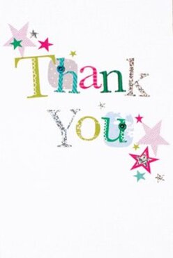 This thank-you card opens like a small, handheld festival: the phrase 'Thank You' stitched across the front in a procession of jubilant hues that feel both handcrafted and modern. Lime green letters pop with the crispness of new foliage, fuchsia strokes beam like shopfront bunting on Barking Road, and a cool blue brings a tranquil balance reminiscent of the Lea's quiet stretches near Stratford. Several letters are subtly dusted with silver glitter that catches the light, while others wear tiny polka dots or delicate stitched flourishes that suggest the card was made with deliberate, loving attention. Clustered stars - some in warm magenta, others in deep teal or soft metallics - orbit the text as if someone has sprinkled celebratory stardust, adding motion and a hint of surprise to the otherwise pristine white field. The paper's texture is readable by touch in the mind: a weighted, slightly toothy stock that shows the glint of glitter and the relief of printed stitches; faint shadows from a soft morning light lend depth and a sense of touchability. Speaking as a local florist who arranges bright bouquets for neighbours from Upton Park to West Ham, I picture this card tucked into a gift: its buoyant colours echoing the blooms, its sincerity amplifying the sentiment. Though small, the card carries the same warmth I aim for at Florist West Ham - honest, cheerful gratitude that lands like a smile and lingers like the memory of a well-delivered gift.