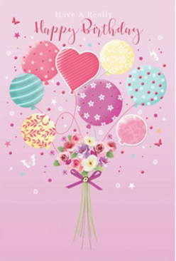 This birthday card artwork feels like a cheerful delivery in picture form, much like receiving a surprise bouquet at your doorstep in West Ham after a long day. The background is a soft, rosy pink that immediately sets a warm and welcoming tone, reminiscent of early evening skies above local terraces. Rising from the lower part of the design is a cluster of pastel balloons, each one unique and full of personality. Some are brushed with candy-coloured stripes that curve and swirl, others are sprinkled with tiny polka dots, and a few display looping patterns that look like festive streamers caught mid-twirl. Their colours-rose pink, teal green, lemon yellow, and gentle lavender-blend harmoniously, creating a bright yet soothing palette. Where the balloon strings would gather, a hand-tied bouquet takes centre stage. It's brimming with delicate roses and garden-style blooms in shades of creamy white, blush, and dusky mauve, the petals layered and softly textured as though freshly opened that morning. A neat purple ribbon cinches the stems together, its satin finish catching a subtle gleam of light, like the final flourish a florist adds just before the bouquet leaves for a birthday delivery near Central Park or along Barking Road. Soft light washes over the entire scene, adding a faint glow to the balloons and petals, and creating tiny highlights where the curves meet. Sprinkled stars and fluttering butterfly shapes dance around the composition, lending an airy, whimsical charm. The whole image radiates a sense of occasion and thoughtful care, perfectly capturing the joy and sweetness of marking a birthday with flowers and festive colour.
