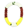 A richly detailed floral garland, crafted for a funeral or remembrance, is shown in an open oval shape against a pristine white background, making every petal and colour transition highly visible. The top arc of the garland is made from pure white flowers, each tiny bloom threaded closely together to form a thick, pillowy band that feels full yet soft, like a cloud held in place. From this peaceful white section, the garland slopes downwards into deep maroon panels on both sides, where the flowers are equally dense but visually heavier, their earthy red-brown tones adding solemnity and emotional weight. At the bottom curve, the colours change to a broad, bright band of yellow blooms that bring a gentle sense of hope, as though they are carrying the light of cherished memories. Small, carefully placed green leaves punctuate the points where these main colours meet, softening the edges between white, maroon, and yellow and adding a natural, garden-fresh touch. The craftsmanship appears meticulous, with each segment tightly strung so that the garland hangs in an even, graceful U-shape, suitable for draping over a coffin, altar, or photograph. Though the photograph is simple and uncluttered, you can imagine this garland being delivered from Florist West Ham to a church near Plaistow, a mosque along Barking Road, or a family home preparing for a final farewell. The overall impression is of a respectful, traditional mala that blends purity, depth, and brightness into one continuous circle of floral remembrance.