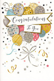 This congratulations card captures a moment of celebration with an understated elegance that would feel at home in any gathering across West Ham, from a family kitchen near West Ham Park to a quiet living room overlooking local streets. Dominating the front is a generous cluster of illustrated balloons, gathered as if held in an invisible hand just out of view. Their rounded shapes layer over one another in soothing hues of brushed gold, champagne, silver, light blue, blush pink, and soft grey, lending a polished yet playful feel. Each balloon is distinguished by fine decorative detail-slender vertical stripes, tiny stars scattered like confetti, and subtle glitter-inspired textures that give the illusion of gentle sparkle. From the base of this balloon bouquet, slim gold and silver ribbons stream downwards, curling and looping with an easy rhythm reminiscent of the way we finish hand-crafted congratulatory arrangements heading out for delivery around West Ham. Across the centre, a softly curved banner floats among the balloons, bearing the words "Congratulations To You" in elegant calligraphy, the letters flowing together as though carefully written by hand. The background is kept light and airy, dotted with small stars, whorled flourishes, and confetti-like specks that create a sense of movement and celebration, without overwhelming the eye. The atmosphere is joyful yet calm, ideal for marking meaningful milestones such as exam successes, new jobs, house moves, or personal achievements. Paired with a fresh bouquet delivered locally, this card becomes a lasting token of pride and affection, a visual reminder that someone in West Ham has been genuinely seen and celebrated.