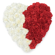 An overhead portrait of a heart-shaped floral composition, expertly built from thousands of tightly clustered carnations, shown against a spotless white backdrop. The left half is a soft field of off-white and warm cream carnations, their ruffled, velvety petals layered so close together they read like a single plush surface; the right half is a deep, luminous red, each carnation opening in gentle waves that catch a cool, diffuse light and lend the piece a tactile, almost quilted quality. The two colour fields meet along a clear vertical seam that is slightly organic in its contour, yet precise enough to form a visual metaphor: white beside red, balanced and distinct. Up close the scent is quietly sweet and green, the layered petals offering both visual depth and a subtle linen-like fragrance that suggests careful handling and fresh flowers delivered early in the morning. This specific white-and-red pairing and the crisp serrated edge where they meet evoke national symbolism associated with Bahrain, so the arrangement can read as both a personal tribute and a public emblem of pride. Presented with the calm clarity of studio lighting and photographed from above to emphasize the heart's perfect outline, the piece suggests remembrance, solidarity, and intimate ceremony - a comforting choice for civic events, cultural celebrations, or a dignified floral offering for family gatherings. For customers in West Ham and nearby Stratford or Plaistow, the composition translates floral craftsmanship into a resonant message of unity and affection, designed to be read clearly from a distance and felt closely by anyone remembering a shared story.