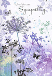 This sympathy card feels like a gentle visual poem, a soft echo of the wildflowers and open skies you might imagine beyond the houses of West Ham on a quiet afternoon. Against a background washed in cool lavender, muted purple and soft blue, slender stems rise gracefully, each crowned with fine umbels of clustered blooms. The umbelliferous flower heads are drawn with delicate detail, yet their edges dissolve into airy silhouettes, giving them a weightless, floating quality. The colours melt into one another-hints of silvery green at the base, deepening into bluish lilac toward the tips-creating a calm, cohesive palette that soothes rather than startles. Drifted across this field of colour, a few butterflies hover close to the blossoms, their wings semi-transparent and barely outlined, as if they are shy visitors to a meadow caught at dusk. They suggest transformation and quiet endurance, a reminder that love and presence linger in ways we cannot always see. The lighting feels diffuse and even, with no sharp contrasts, just a gentle glow that softens every line. Space is left intentionally between the stems and blooms, allowing the design to breathe and enhancing the sense of stillness and reflection. Above the floral illustration, the words of condolence appear in elegant script, understated yet deeply sincere, echoing the tone we aim for when delivering sympathy flowers across West Ham. As a florist used to guiding families through difficult moments, I sense in this card the same qualities that make a thoughtful funeral tribute: natural beauty, respectful restraint and a quiet promise of comfort when words are hard to find.