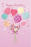 A softly enchanting birthday card design captures the magic of celebration in a single, floating moment, much like the feeling of seeing a surprise bouquet arrive in West Ham on a bright morning. The scene is set against a gentle blush-pink backdrop that suggests warmth and affection. Rising from the lower centre of the image, a lively gathering of balloons seems to drift upward, each one decorated with distinct patterns that add charm and personality-some swirl with candy-coloured stripes, others are scattered with playful polka dots, and at the heart of the cluster, a softly radiant heart-shaped balloon hints at love and close connection. Pastel shades of pink, mint green, sunshine yellow, and lavender blend together like a carefully chosen birthday arrangement from Florist West Ham, designed to be joyful but never overpowering. Tied beneath this buoyant display is a rounded bouquet of roses and anemone-like flowers, their petals rendered in creamy ivory, blush pink, and gentle mauve, with feathery textures that feel almost touchable. The stems are gathered and secured with a violet satin bow, which gleams lightly as though catching natural daylight spilling through a nearby window on Barking Road. Fine details float around the central design-tiny stars, delicate butterflies, and soft sparkles-that give the impression of birthday wishes drifting in the air. The lighting casts a tender glow over both balloons and blossoms, highlighting curves and contours in a way that feels calm and uplifting. The entire composition conveys a sense of lightness, joy, and sweet festivity, perfectly suited for sending warm birthday greetings that feel personal and thoughtfully arranged.